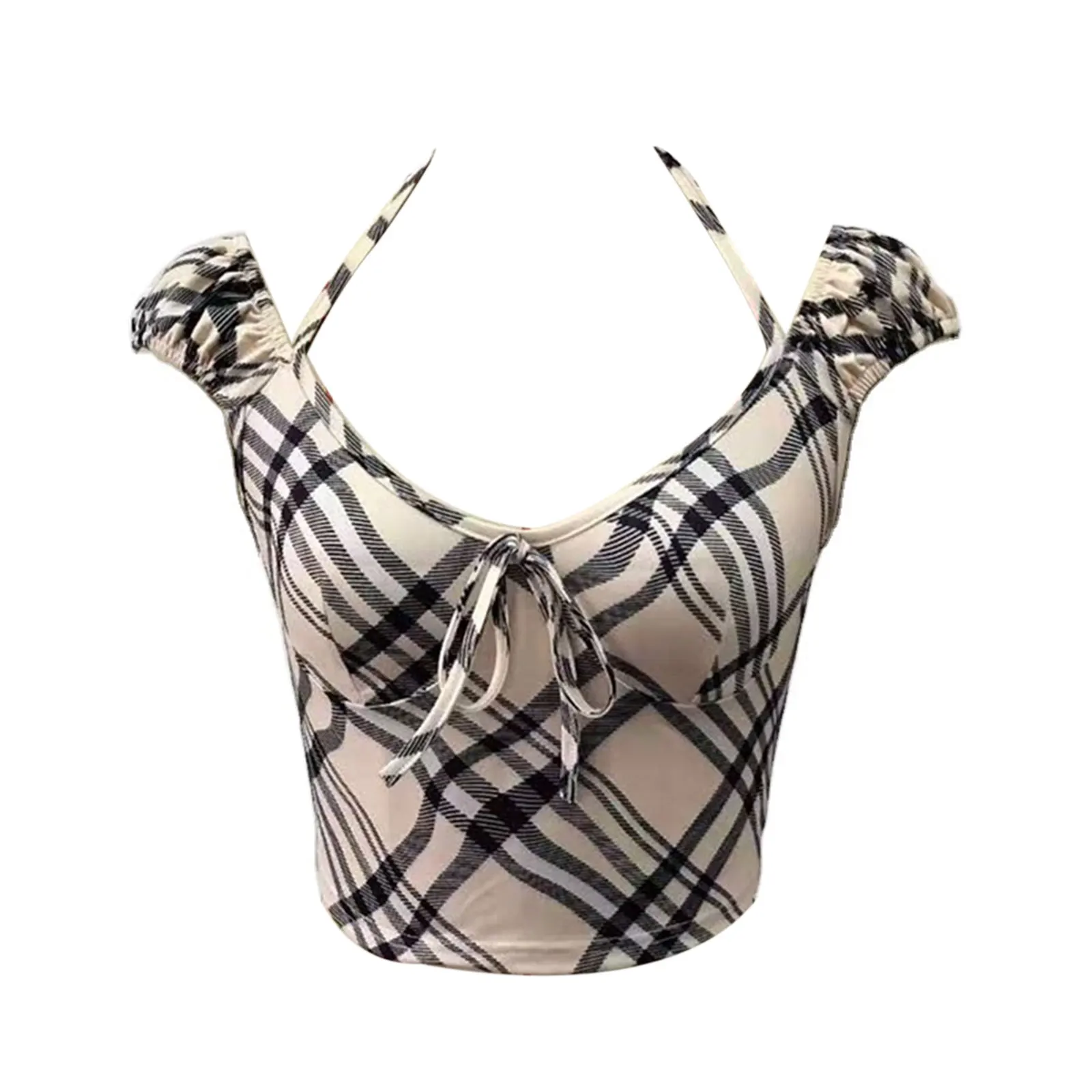 

Women Halter Neck Streetwear Plaid Print T-Shirts Crop Tops Sexy Puff Short Sleeve Slim Fit Female Fashion Skinny Clubwear