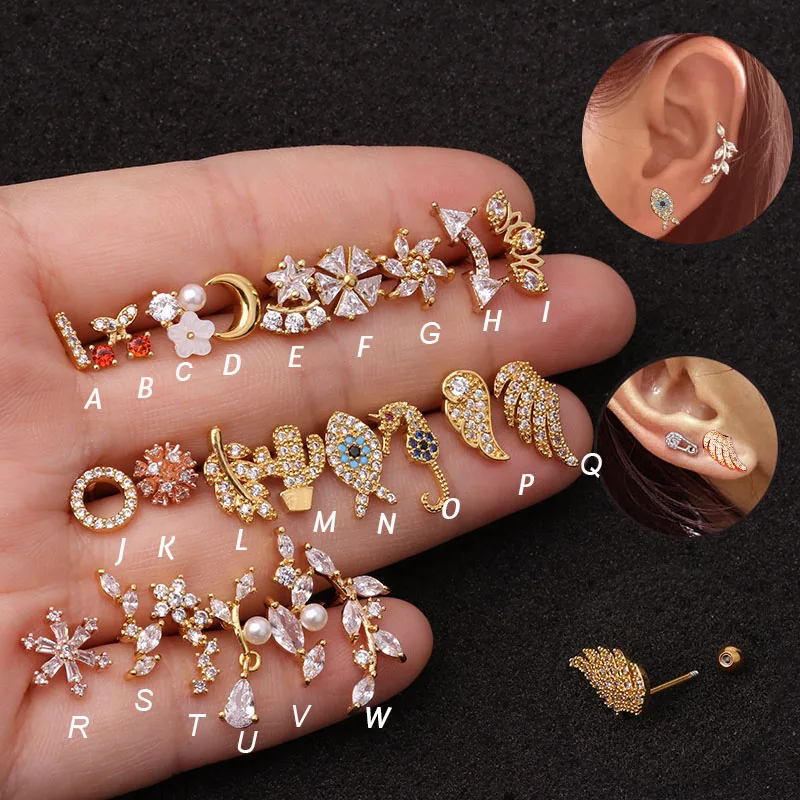 

Hot 1piece Steel Copper Fish Hand Tree CZ ear piercing jewelry steel barbell daith earrings helix cartilage studs Piercing