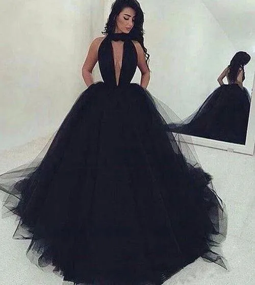 

Arabic Sexy Backless Ball Gown Black Tulle Prom Dresses Long 2021 Ruched Deep V Neck Sweep Train Prom Gowns evening dress Simple