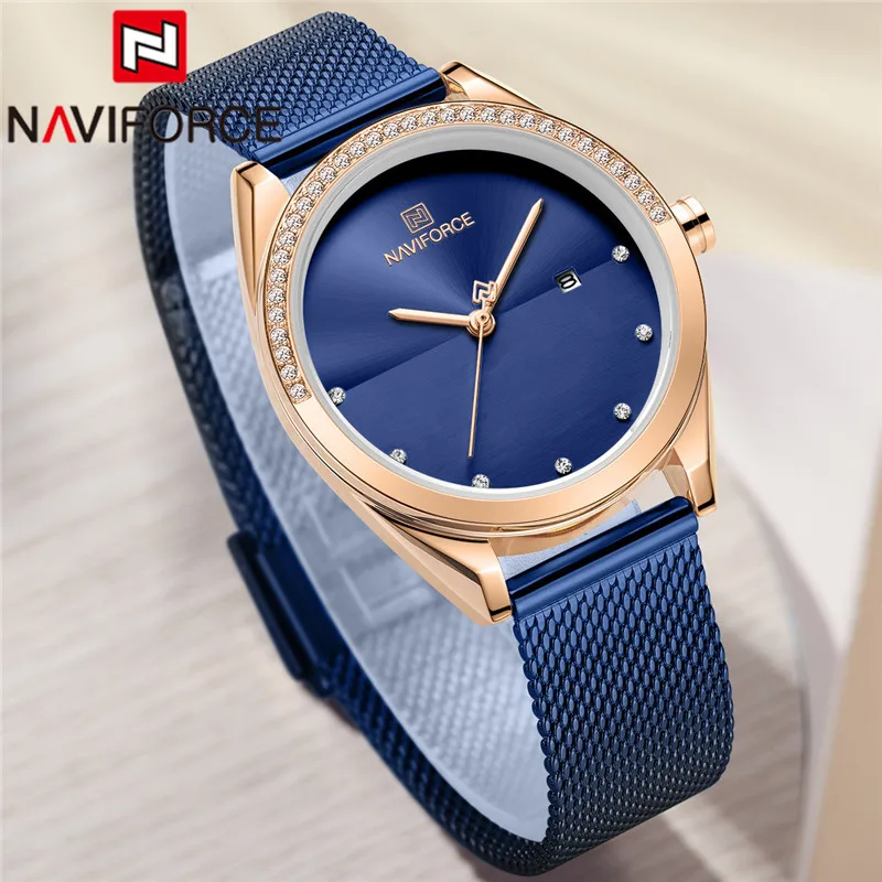 NAVIFORCE женские часы Топ бренд класса люкс синие наручные сетка браслет из