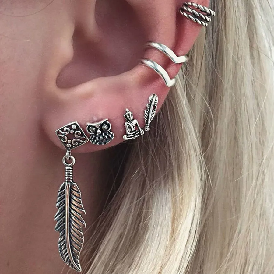 Серьги-гвоздики Женские винтажные в виде пера совы Листьев тибетский