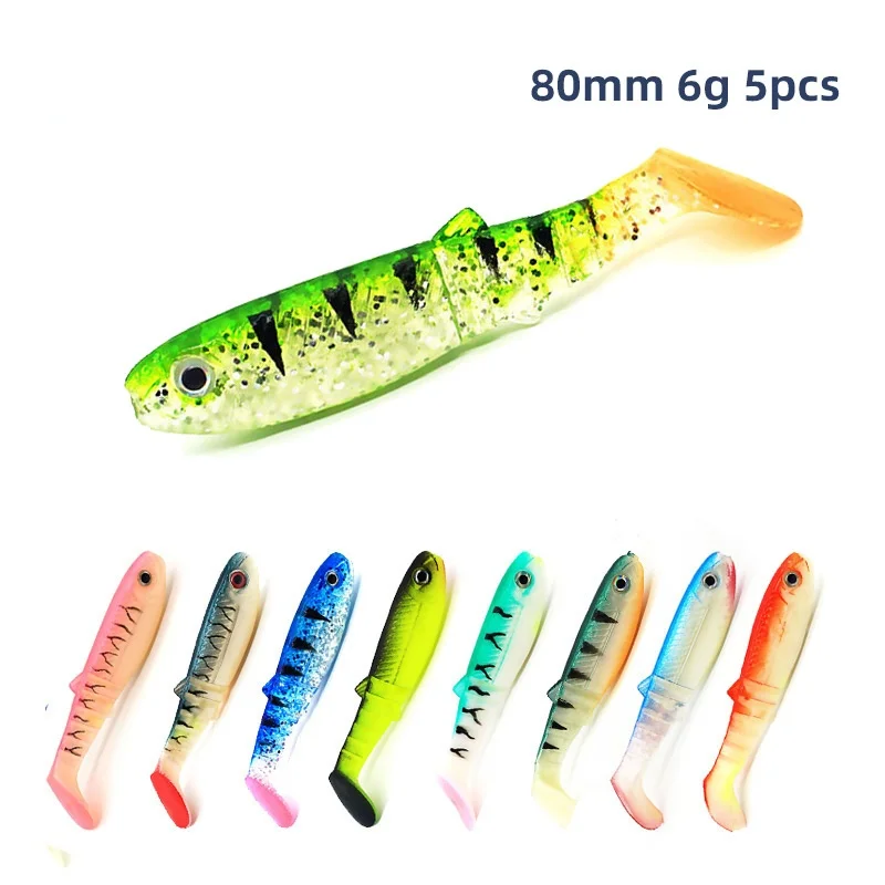 

Soft Bait Lure 3D T-tail 80mm 5pcs Wobblers Worm Fishing Silicone Fish Artificial Bait Fishing For Jig Head
