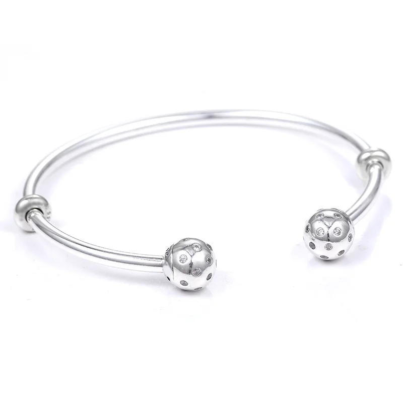 

MOMENTS Open Bangle Shimmering Pave & Logo Caps WIth Cubic Zirconia Bangle Fit Europe Bracelet 925 Sterling Silver Bead Charm