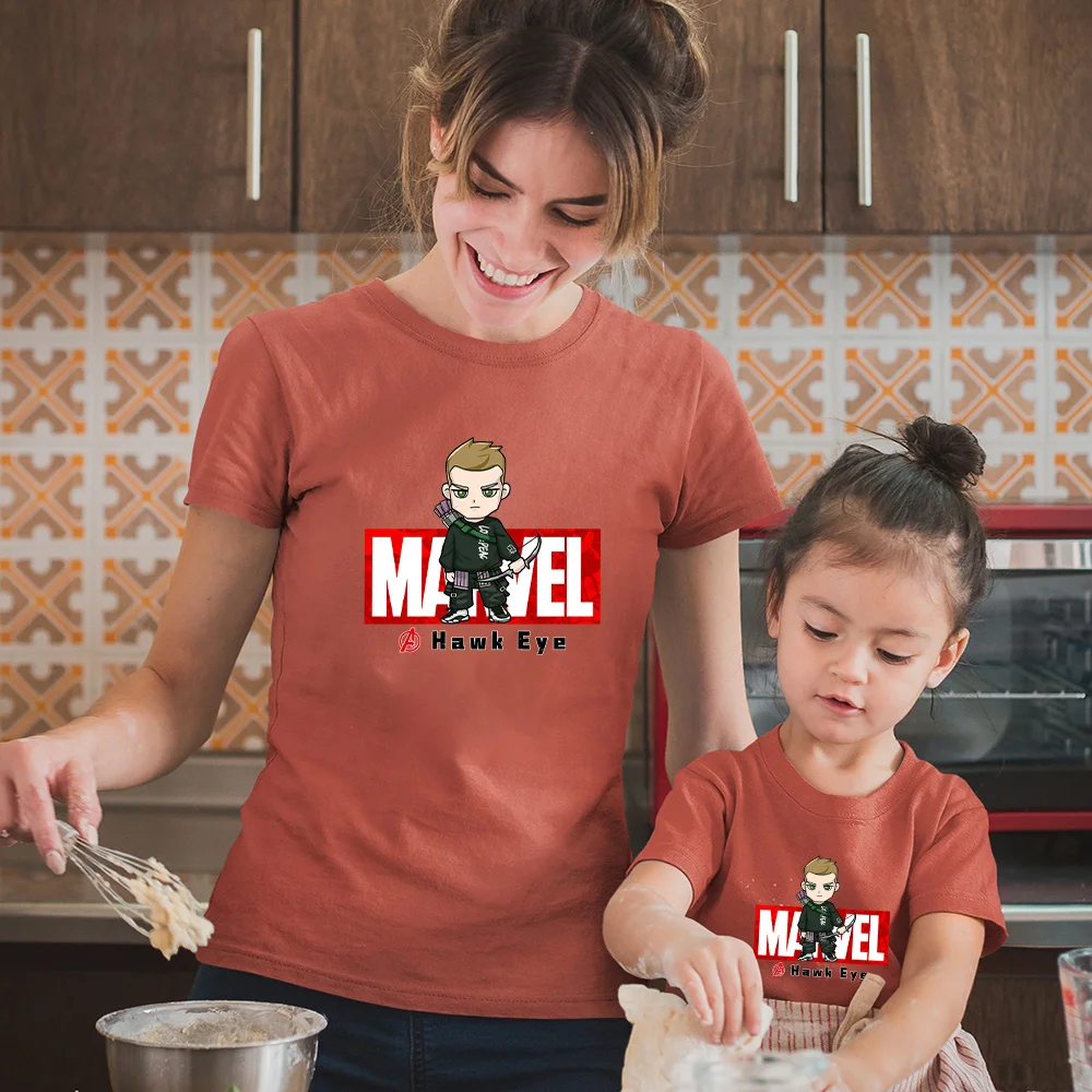 

Summer Baby Girl Clothes Cartoon Avengers Hawkeye Print Top Fashion Color Korean Street Couple Short-sleeved Woman Tshirt