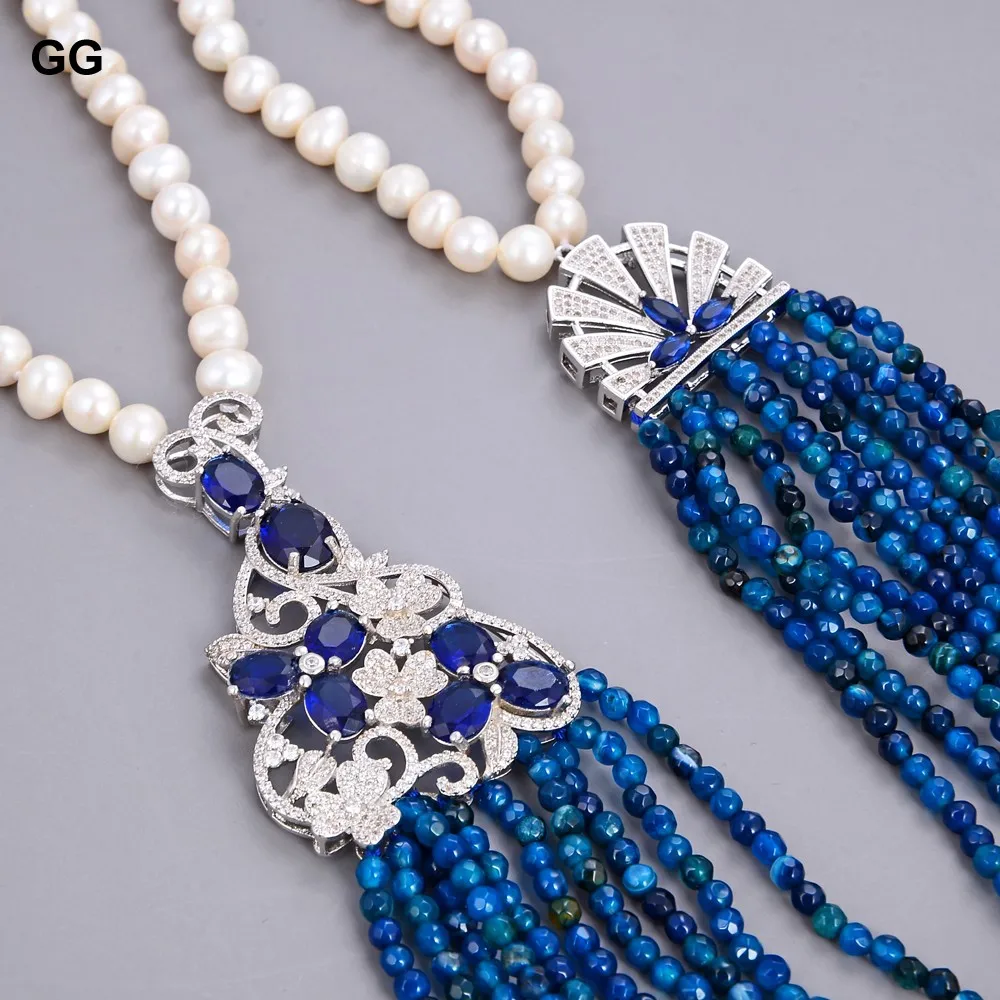 GG ювелирные изделия 31 &quotбелый жемчуг синий агат ожерелье CZ кулон|blue necklace|cz pendantpearl