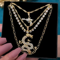flatfoosie punk pistol rhinestone pendant necklace for women multilayer crystal dragon choker necklace statement jewelry gift