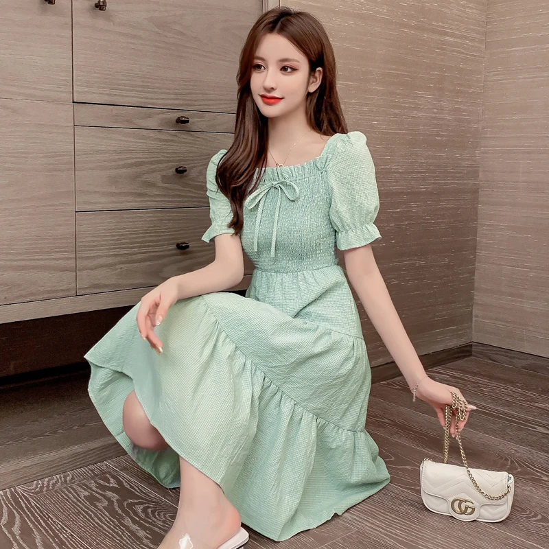 

Houthion Women's Dress New Casual Fashion Loose Knee-length Pleated Empire Short Sleeve Square Collar Solid Color Dresses Summer