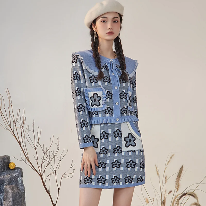 

Женская модель 2021, милый кардиган с цветочным принтом и бантом + мини-юбка, модный костюм