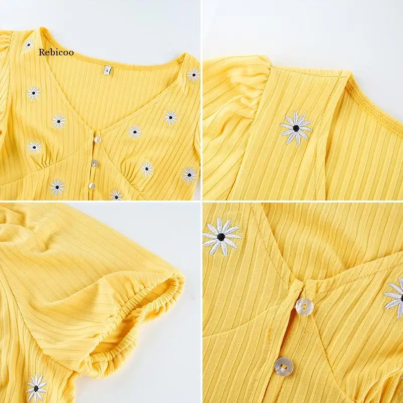 

Floral Embroidery Elegant Yellow T-Shirt Ladies Knitted Short T-Shirt V-Neck Korean Summer T-Shirt