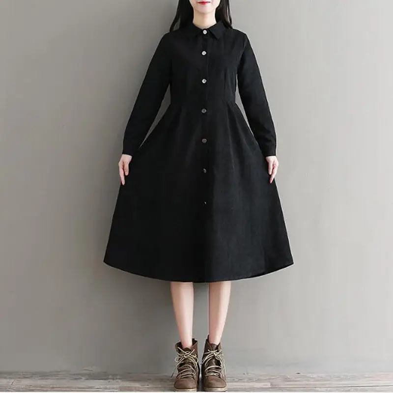 Mori Girl осенне зимнее женское черное платье с отложным воротником однотонное