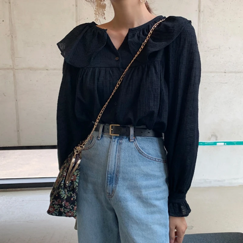 RICININA воротник Питер Пэн черная блузка для женщин длинный рукав фонарик оборки