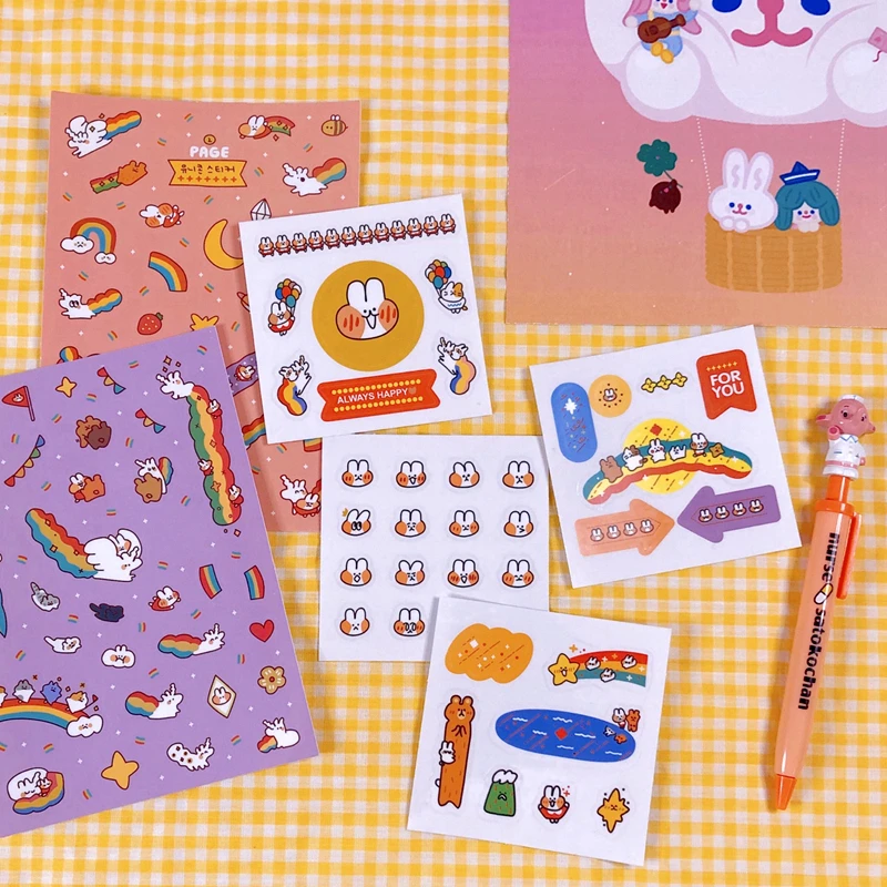 

TMYOUZ Cute Cartoon Rainbow Rabbit Stickers Color Hand Account Decoration Wall Stickers Korean Campus Kawaii Stationery