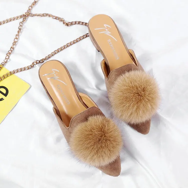

2021summer New Style Baotou Slippers Women 's Fashion Wear Fur Ball Thick Heel Pointed Lazy Slippers