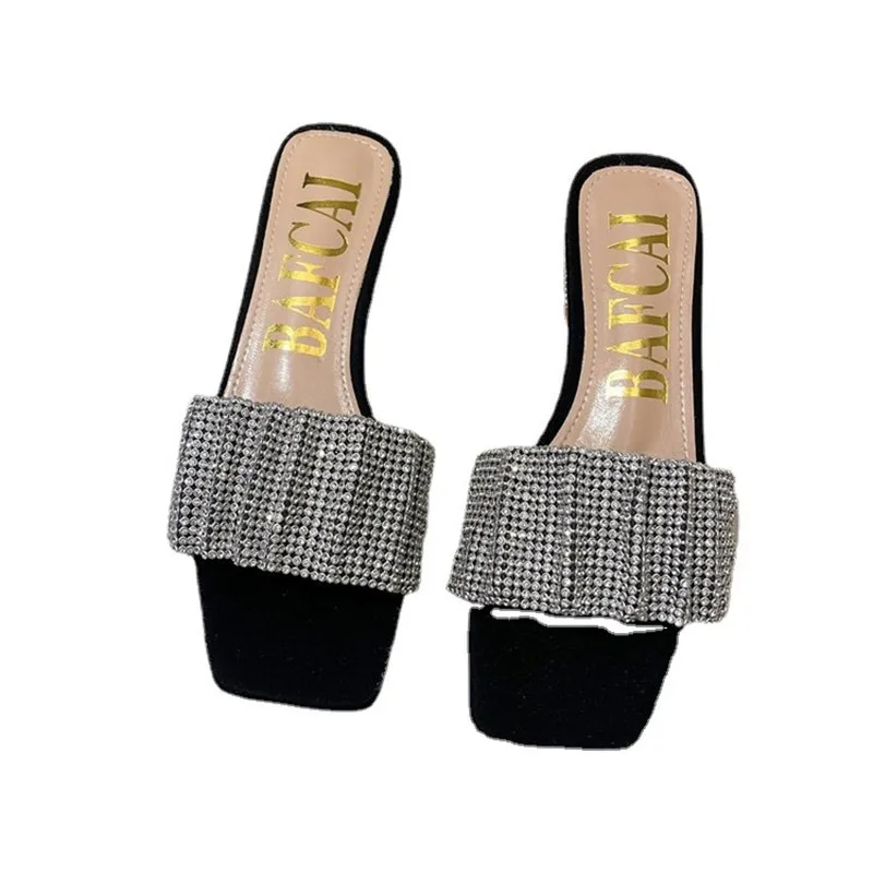 

New Slippers For Women In Summer Wear All-match Thick With Sexy Transparent Rhinestone Bow With Sandals A871