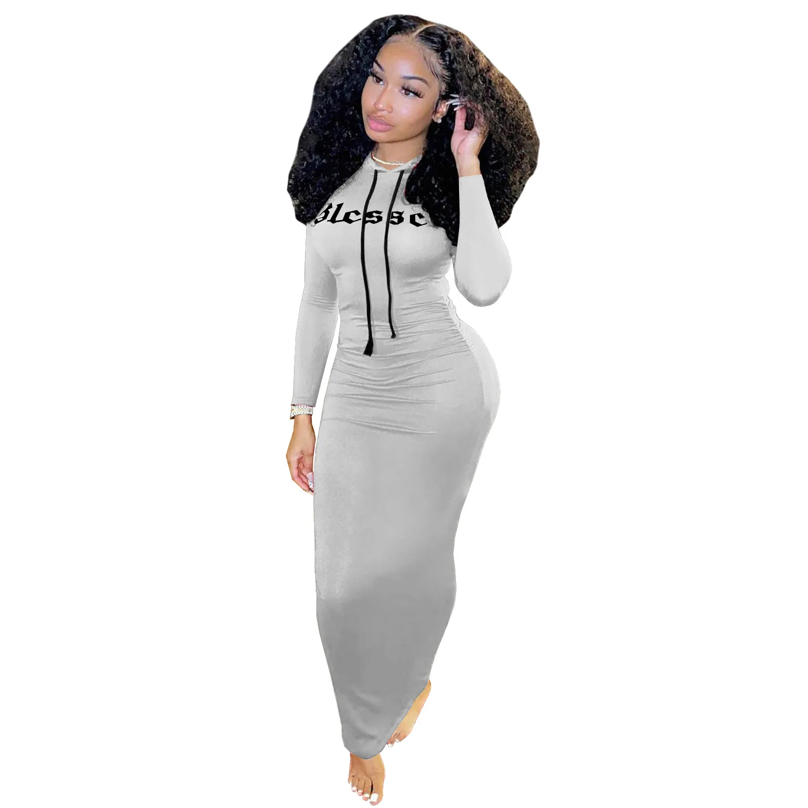 

2021 Autumn And Winter New Fashion Leisure Letter Hooded Sweatshirt Long Dress
