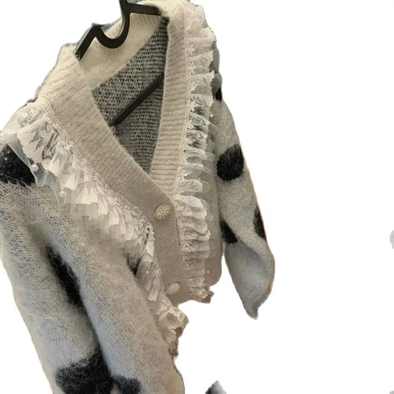 

Lace Cardigan Sweater Women's Autumn and Winter 2021 New Loose V-neck Single Breasted Short Coat Splicing Long Sleeve