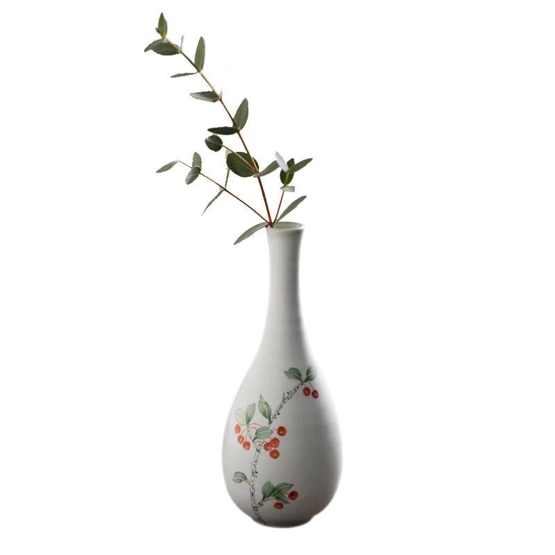 

Porcelain 17CM Red Fruit Peony Bamboo Flower Vase Ceramic Hand Painted Handmade Flower Pot Japanese Modern Style Home Decor