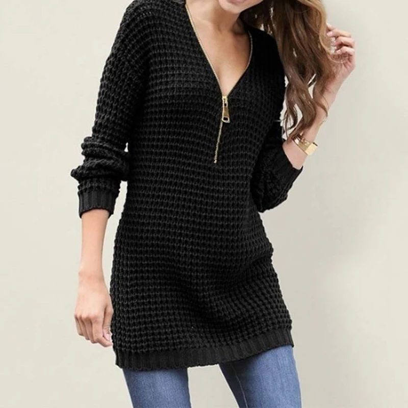 Женское трикотажное платье-свитер с v-образным вырезом длинный теплый свитер