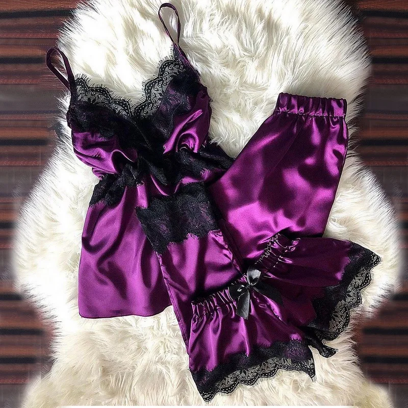 

Women 3-Peices Lingerie Set V-Neck Eyelash Lace Sleepwear Sexy Camisole Bowknot Set Pajama Seda Verano Sommer Kleidung Damen