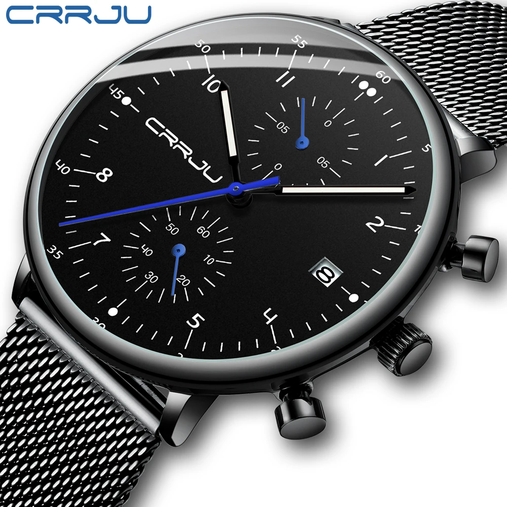 

Часы Crrju Мужские кварцевые в минималистичном дизайне, черные, стальные, 2278