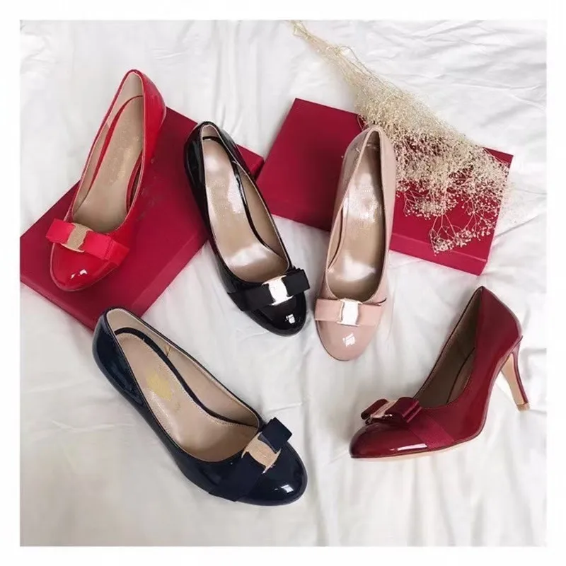 

2021 women's high-heeled round toe bow shallow buckle single shoes thick-heeled bow flat shoes