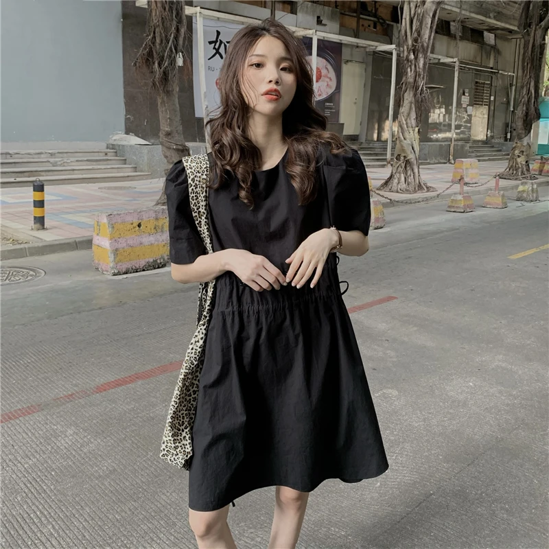 

Make firm offers! Han edition niche design feeling contracted loose black show thin retro summer dress ~ # 1213