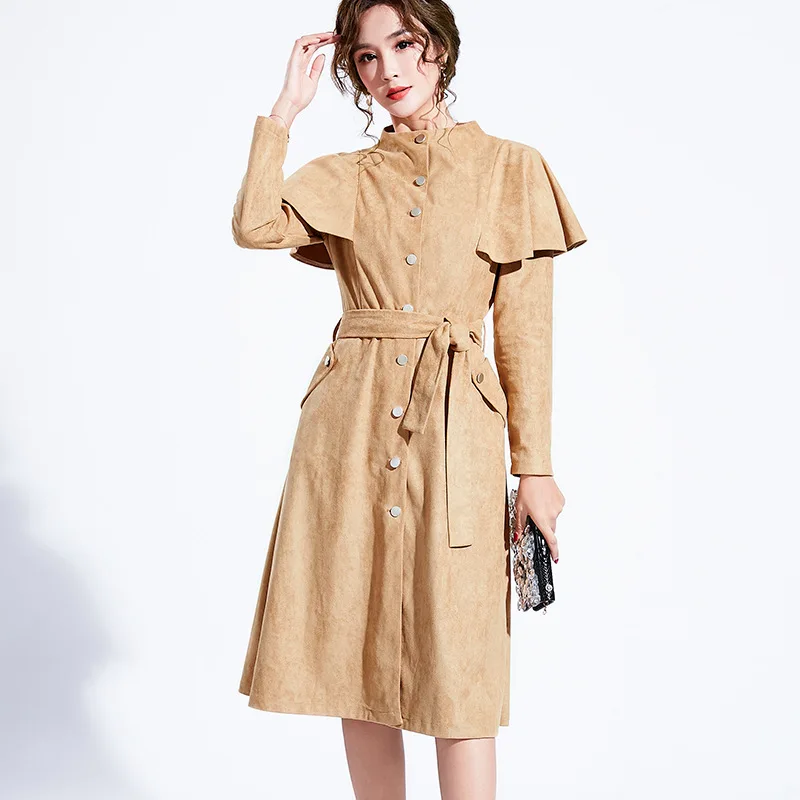 

2019 Autumn New Women's Retro Stand Collar Lace Up Slim Thin Ruffled Long Sleeve Trench Coat