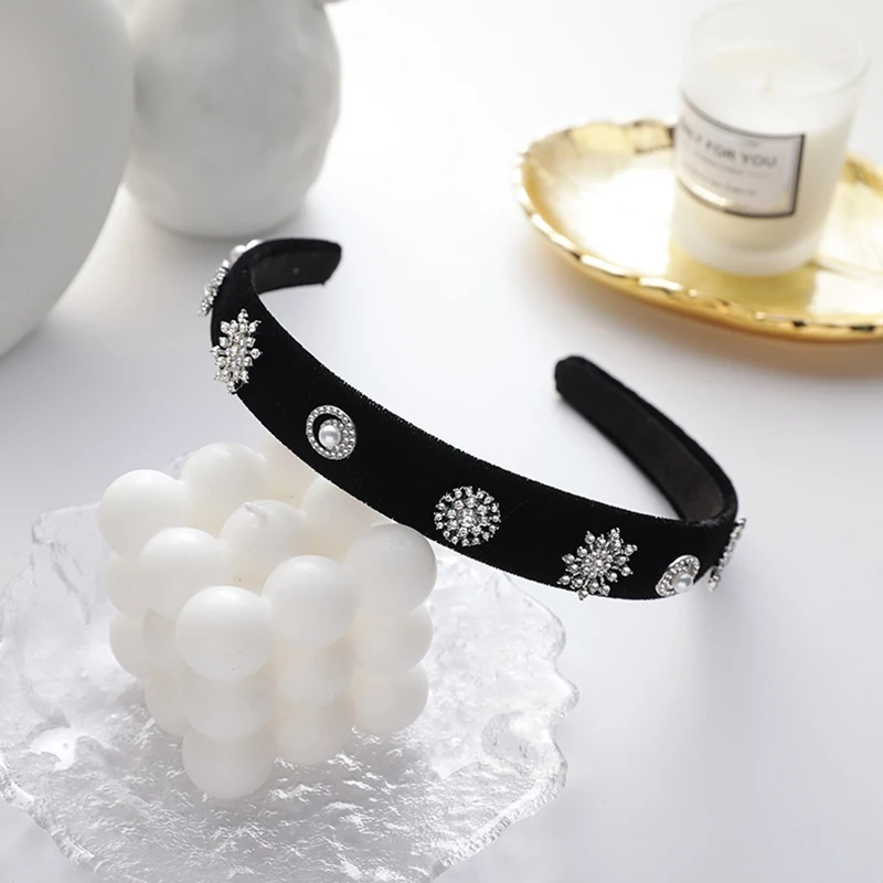 

Fashion Snowflake Rhinestone Headbands For Women Girls Handmade Black Velvet Pearl Hairbands Ladies Hair Hoop Accessories