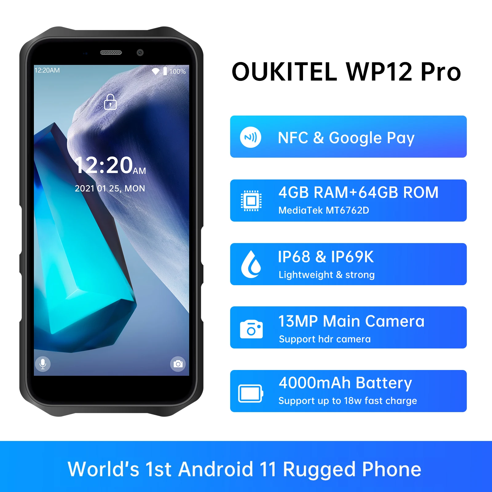 

Global Version Oukitel WP12 Pro 4GB 64GB NFC Octa Core Android 11 Smartphone 5.5''HD+ IP68 Waterproof 13MP MT6762D Chip 4000mAh