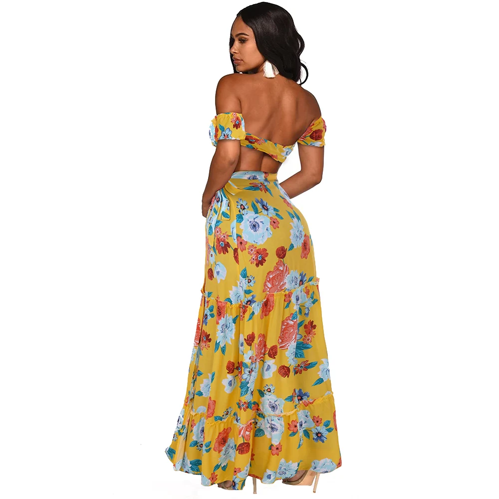 Летнее женское длинное платье топ с вырезом лодочкой + юбка комплекты из 2