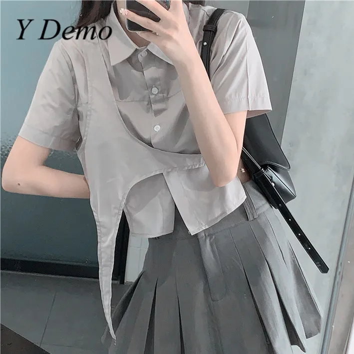 

Y Demo Grunge Casual Short Sleeve T-shirt For Women Minimalist Patchwork Summer Single Breasted Shirt