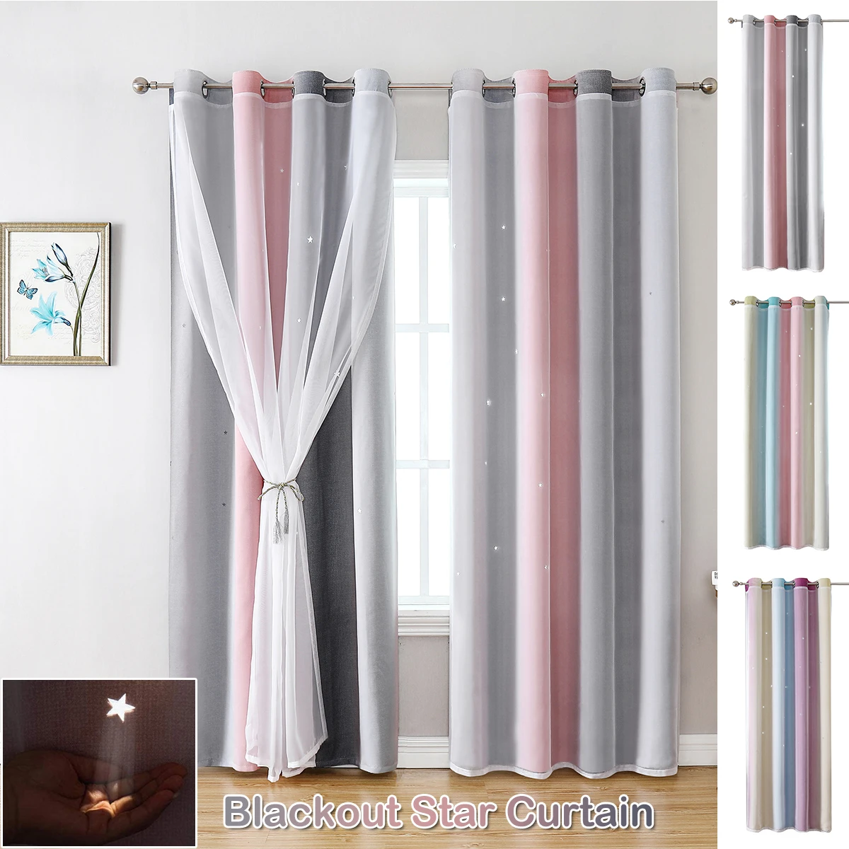 

Shiny Stars Curtains Double-Layer Yarn Tulle Window Curtain For Kids Bedroom Eyelet Drapes Living Room Ombre Blackout Curtain