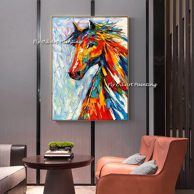 

100% Handmade Large Size Oil Painting Animal Wall Art for Living Room Home Decor Canvas Painting Running Red Horse No Frame Gift