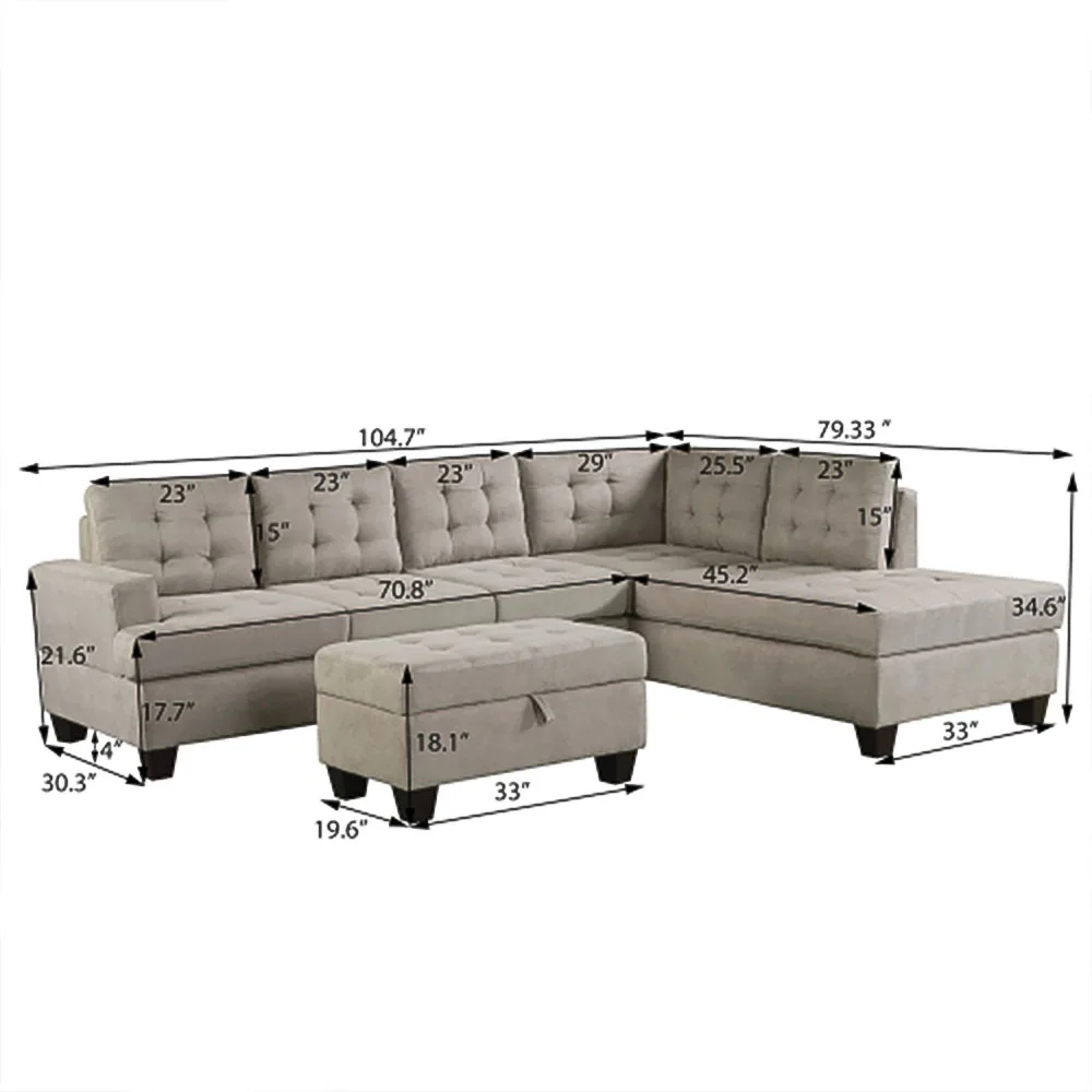 

Sofa 3-Piece Sectional Sofa with Chaise Lounge and Storage Ottoman L Shape Couch Living Room Furniture