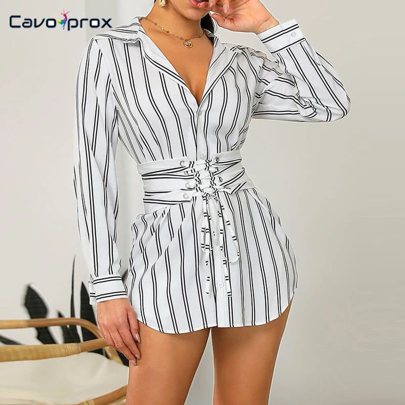 Женское Полосатое платье рубашка со шнуровкой спереди повседневное облегающее
