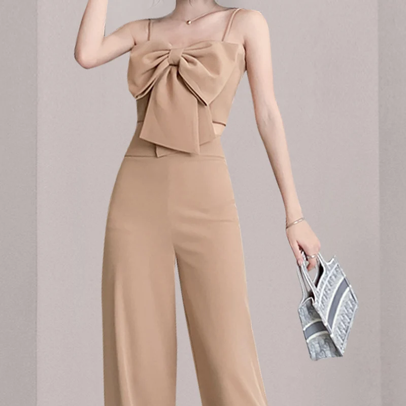 

Sexy bow tie suspenders + wide leg trousers suit temperament two-piece women 2021 summer fashion women's clothing