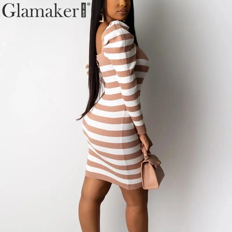 Женское Короткое платье в полоску с рукавами фонариками и квадратным