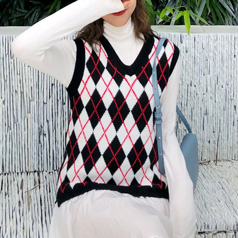 Женский вязаный жилет в клетку повседневный Свободный пуловер без рукавов