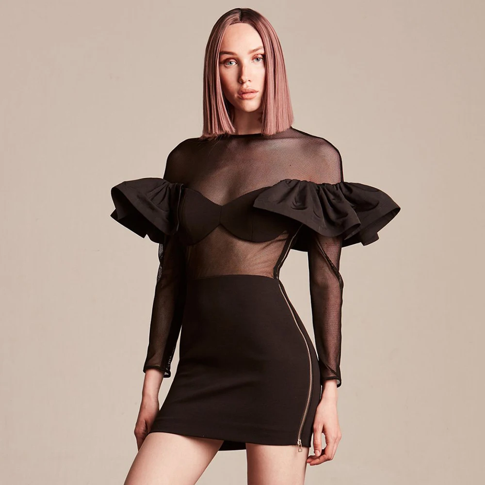 Женское вечернее платье с оборками Ocstrade черное облегающее длинным рукавом