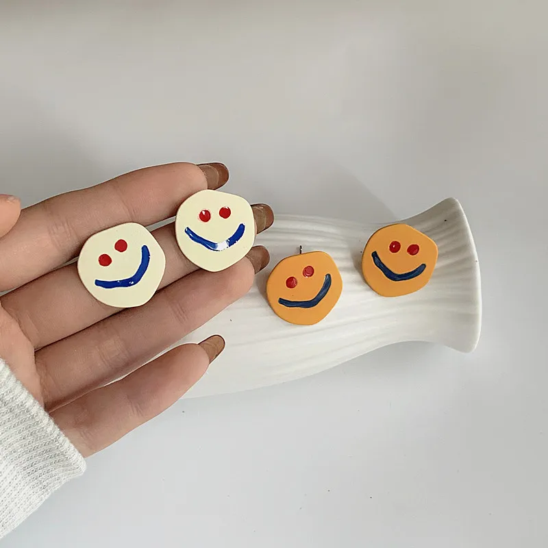 

2020 New Cute Colorful Painted Smiling Face Geometric Irregular Round Stud Earrings for Women Girl Party Gift Cartoon Jewelry