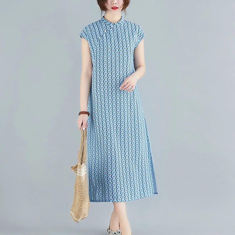 Женское винтажное платье из хлопка и льна облегающее в китайском стиле Ципао с