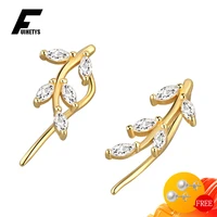 fuihetys earrings silver 925 jewelry with zircon gemstone korean style leaf shape stud earrings for women wedding party gifts