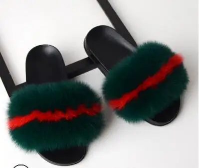 Green Red Тапочки унисекс с натуральным лисьим мехом; женские сандалии с мехом; женские меховые шлепанцы; женская пушистая домашняя обувь на плоской подошве; женские кроссовки; Лидер продаж - Цвет: Green Red