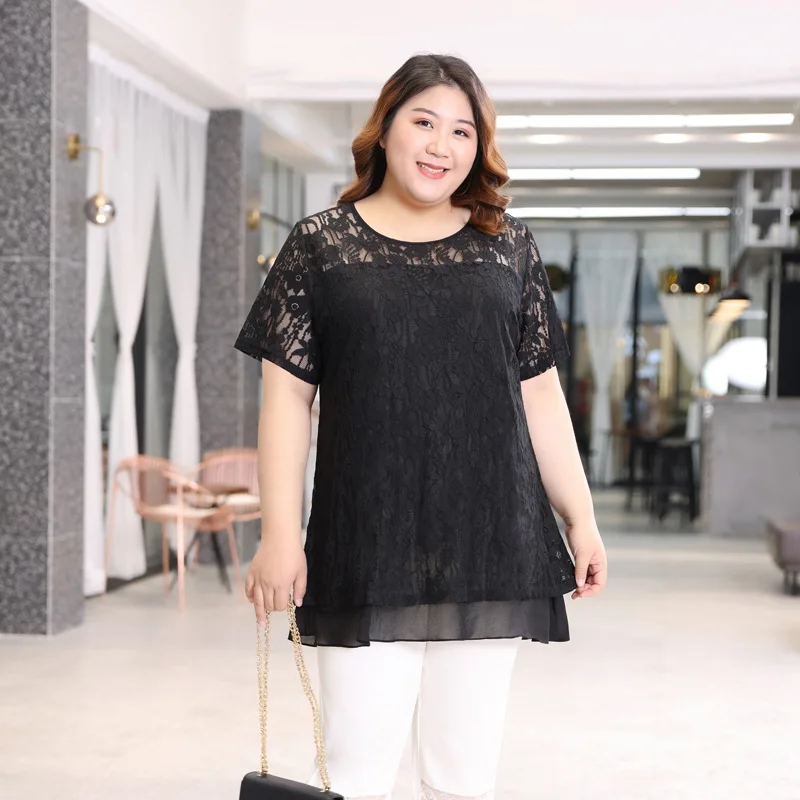 

2XL To 7XL Oversized Lace Shirts for Women Korean Version Loose Short Sleeve Summer Tops Black Blusas De Mujer