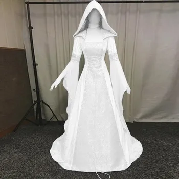Medieval Renaissance Maxi Train Dress Women Halloween Devil Pagan Witch Wedding Costume Hooded Gown Robe Cosplay Costume 1