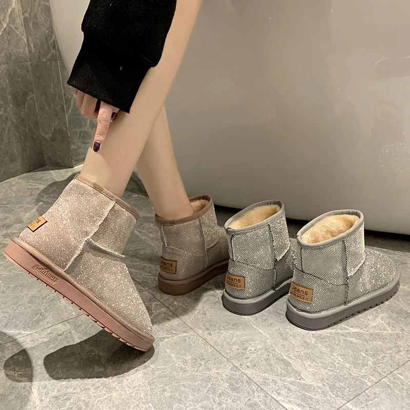 Женские зимние ботинки Блестящие женские новые теплые короткие мягкие плюшевые