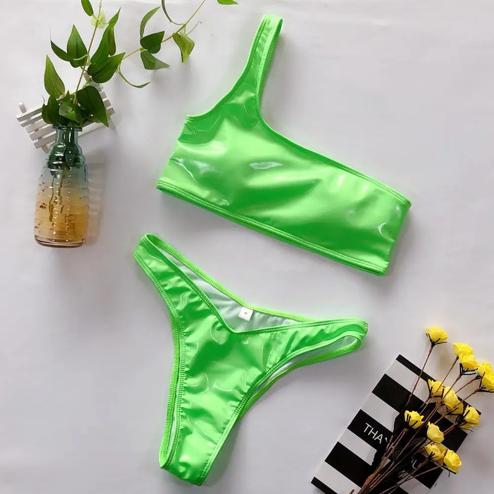 Сексуальный комплект бикини на одно плечо купальник-бандо неоновый зеленый