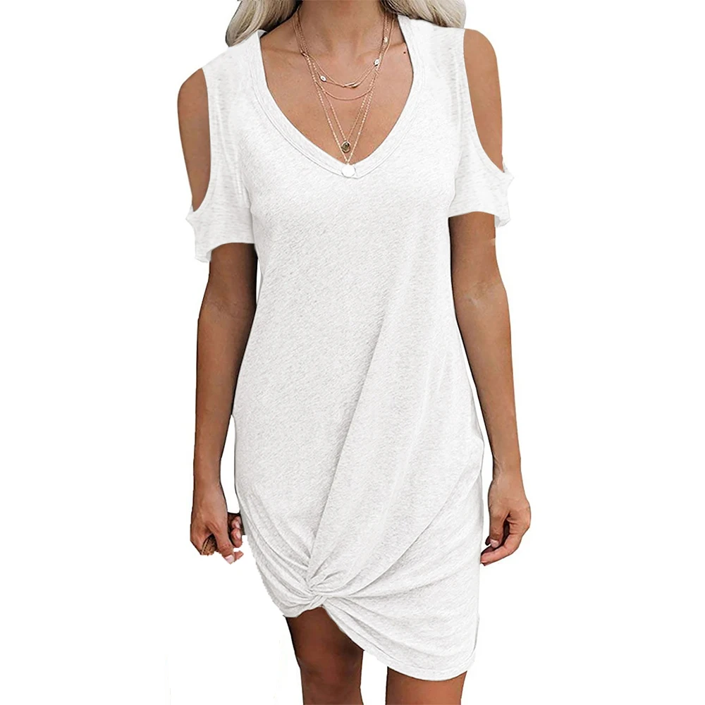 Summer Party Basic Dresses Ladies Short sleeve Womens Solid Off Shoulder Mini Dress V Neck Casual Woman Loose | Женская одежда