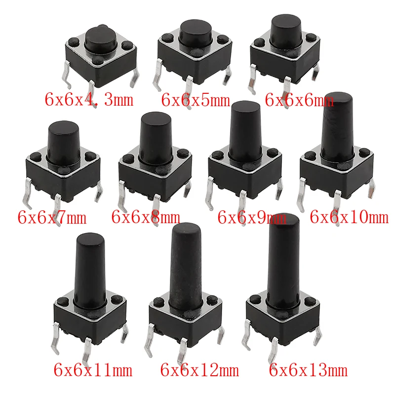 200Pcs 6x6 Tact Switch Tactile Push Button Kit Height 4.3mm-13mm DIP 4P Micro 10 Models 6*6 Switchs for Arduino | Обустройство дома