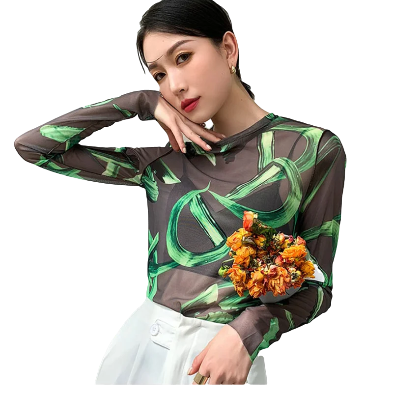 

2020 Autumn Round-neck Slim Long-sleeved Streetwear Black Green Printed Elastic Mesh Bottoming T-shirt For Women V920